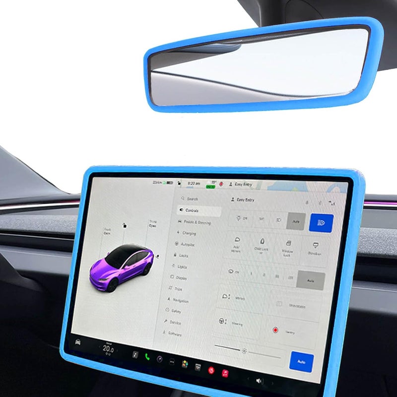 Yeapop 2Pcs Silicone Protector Frames of Screen and Rear View Mirror for Tesla Model 3 2024 Highland and Model Y 2025 Juniper. (Blue) - Image 1